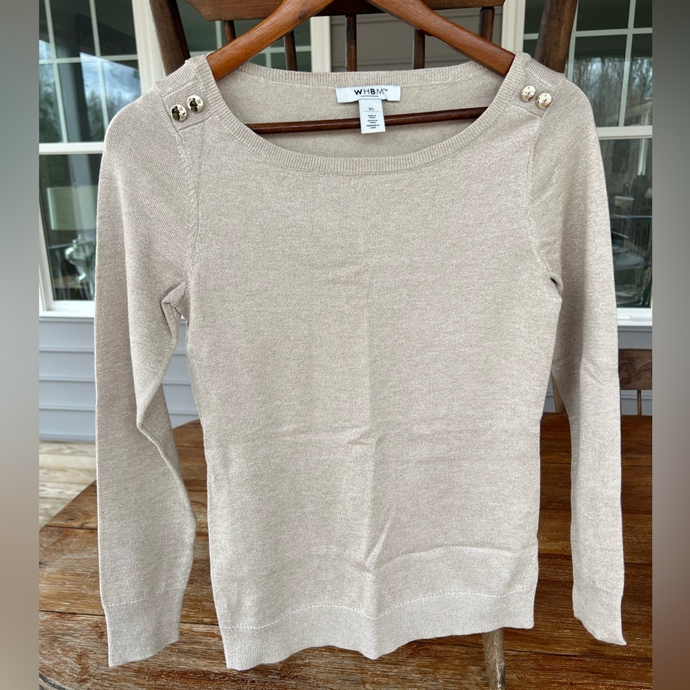 White House Black Market Women’s Beige/Gold Metallic Sweater Buttons Sz XS